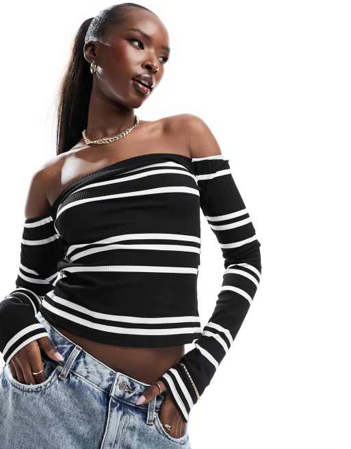 ASOS DESIGN long sleeve off shoulder crop top with skinny straps