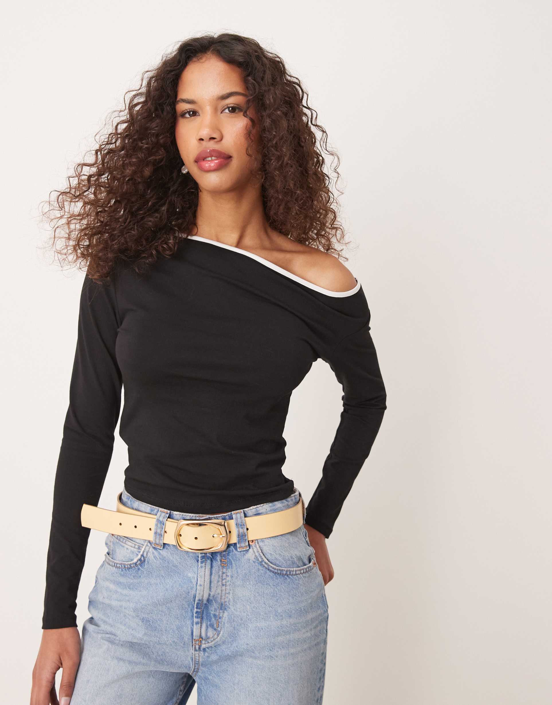 asos design off-shoulder long sleeve top with contrast binding in black