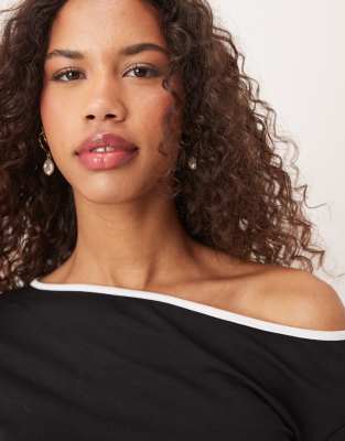 Asos Design Off-shoulder Long Sleeve Top With Contrast Binding In Black