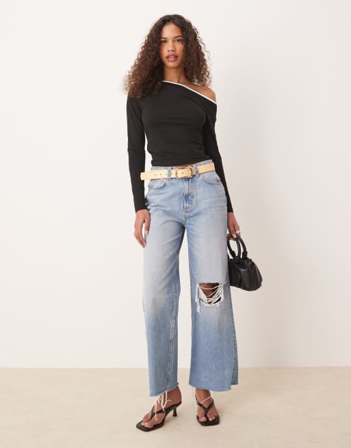 ASOS DESIGN off-shoulder long sleeve top with contrast binding in black, 3 of 4