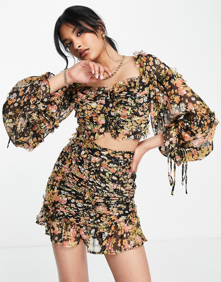 ASOS DESIGN off shoulder long sleeve top with ruffle detail in dark floral - part of a set-Multi