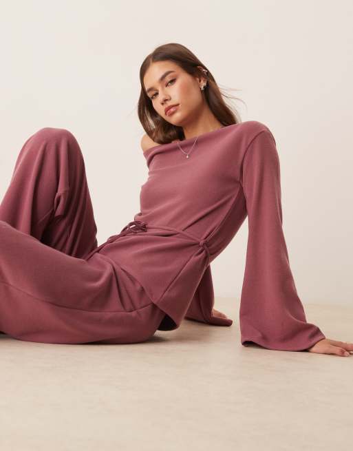 ASOS DESIGN off-shoulder long sleeve top with tie detail in wild ginger (Part of a set)