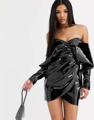 ASOS DESIGN off shoulder long sleeve vinyl wrap mini dress-Black