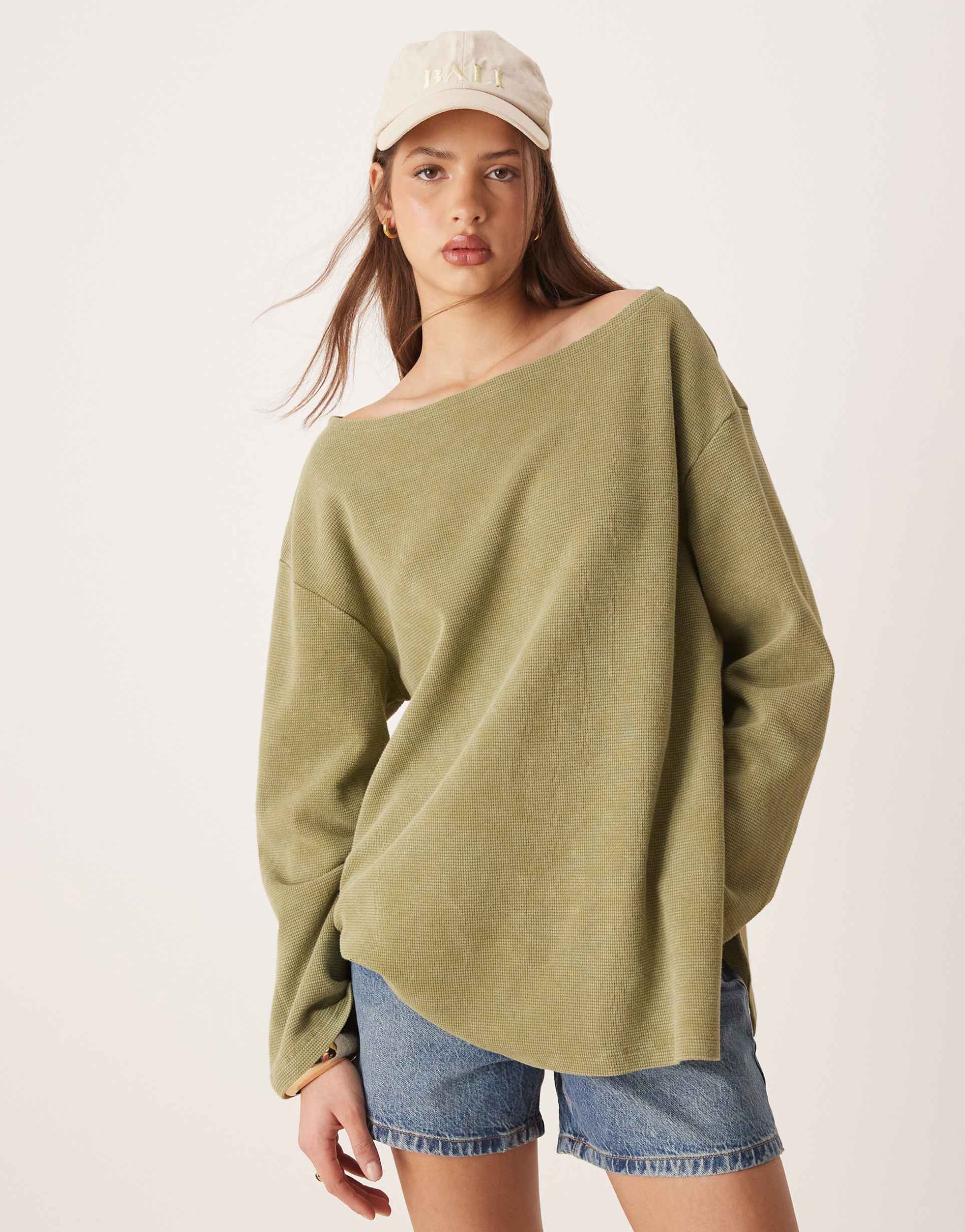 asos design off shoulder long sleeve waffle t-shirt in washed green