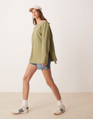 ASOS DESIGN off shoulder long sleeve waffle T-shirt in washed green