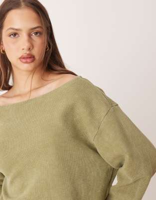 ASOS DESIGN off shoulder long sleeve waffle T-shirt in washed green