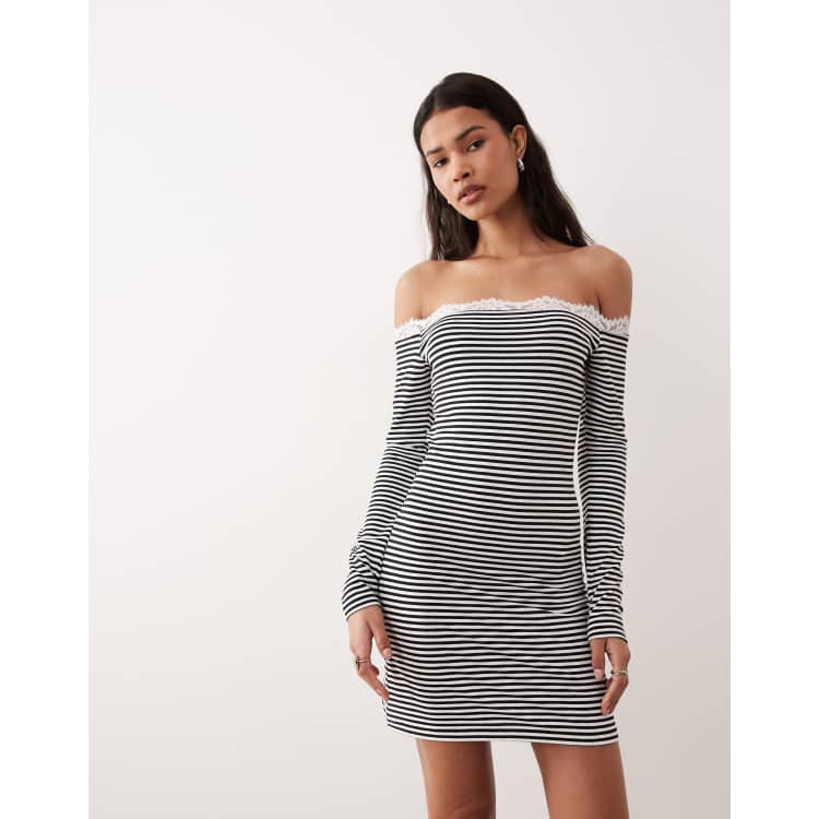 ASOS DESIGN off shoulder long sleeve with lace trim mini dress in black and white  stripe | ASOS