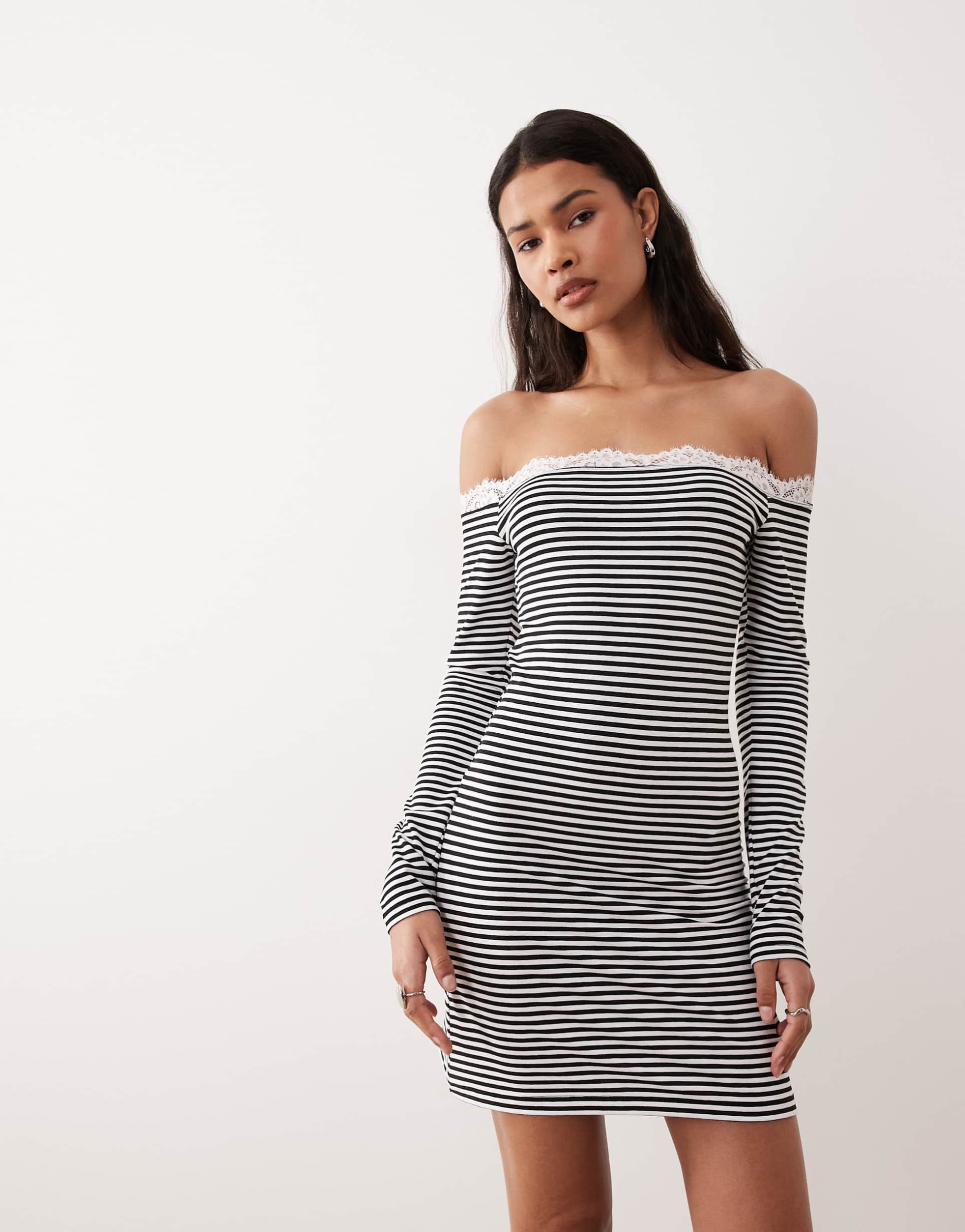 asos design off shoulder long sleeve with lace trim mini dress in black and white stripe