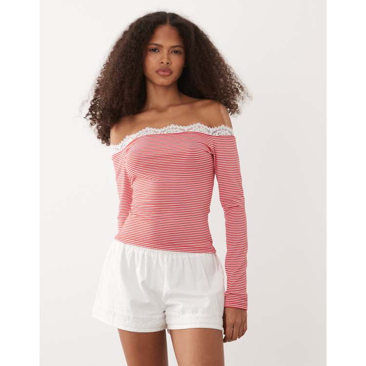 ASOS DESIGN off shoulder long sleeve with lace trim top in red and
