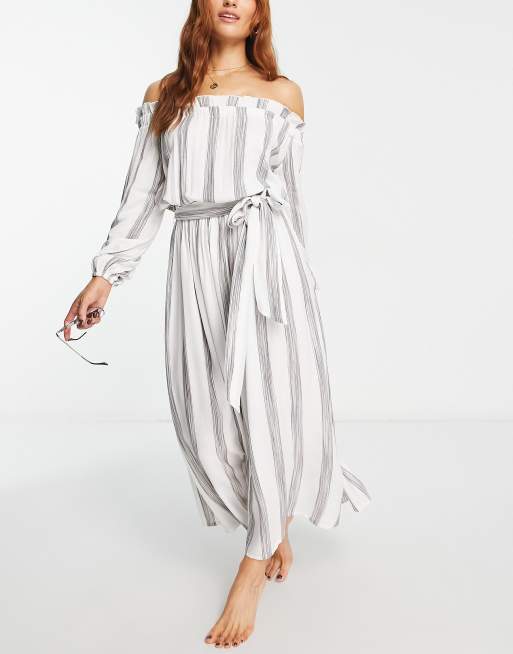 Striped off the cheap shoulder maxi dress