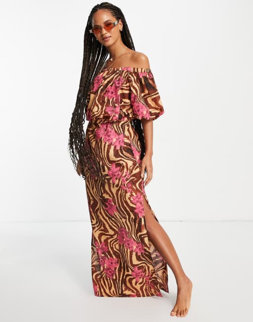 ASOS DESIGN off shoulder maxi beach dress in zebra tropical