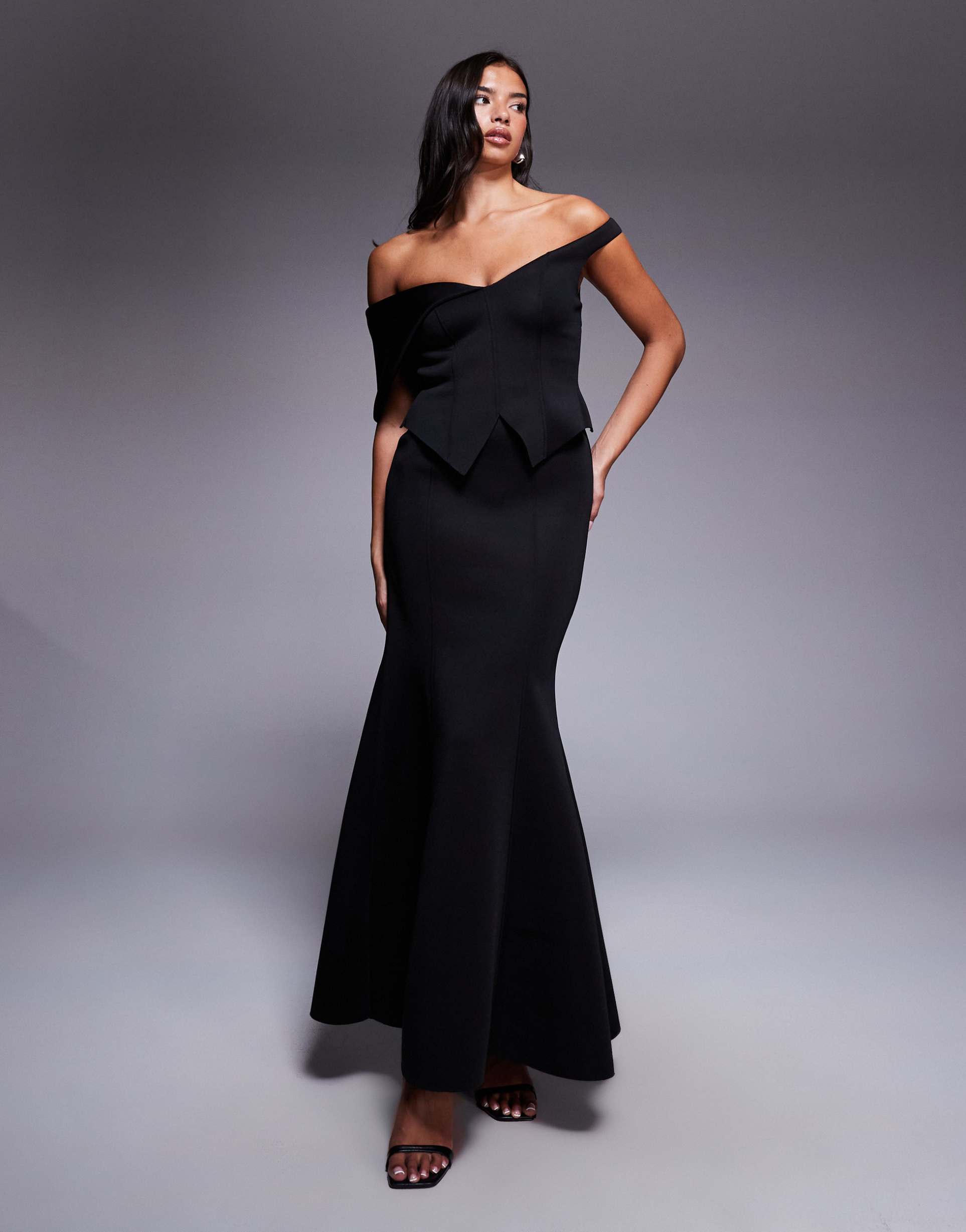 asos design off shoulder maxi dress with belt back detail in black scuba-style fabric