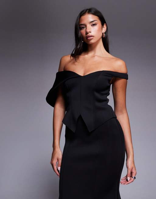 ASOS DESIGN off shoulder maxi dress with belt back detail in black scuba-style fabric, 3 of 4