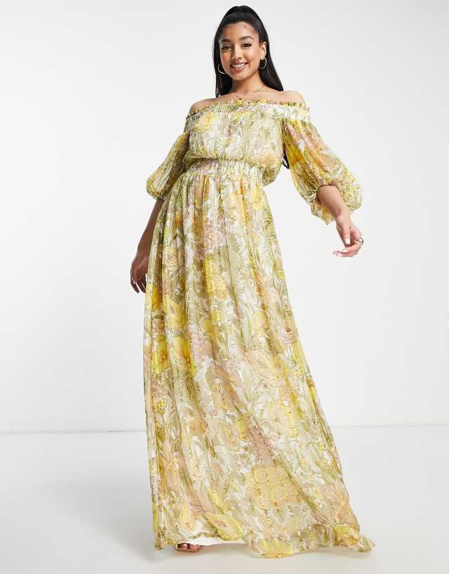 ASOS DESIGN off shoulder maxi dress with blouson sleeve in self-stripe in meadow floral