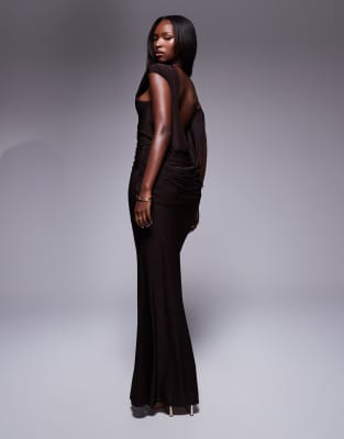 Asos Design Off Shoulder Maxi Dress With Drape Cowl Back In Chocolate-brown