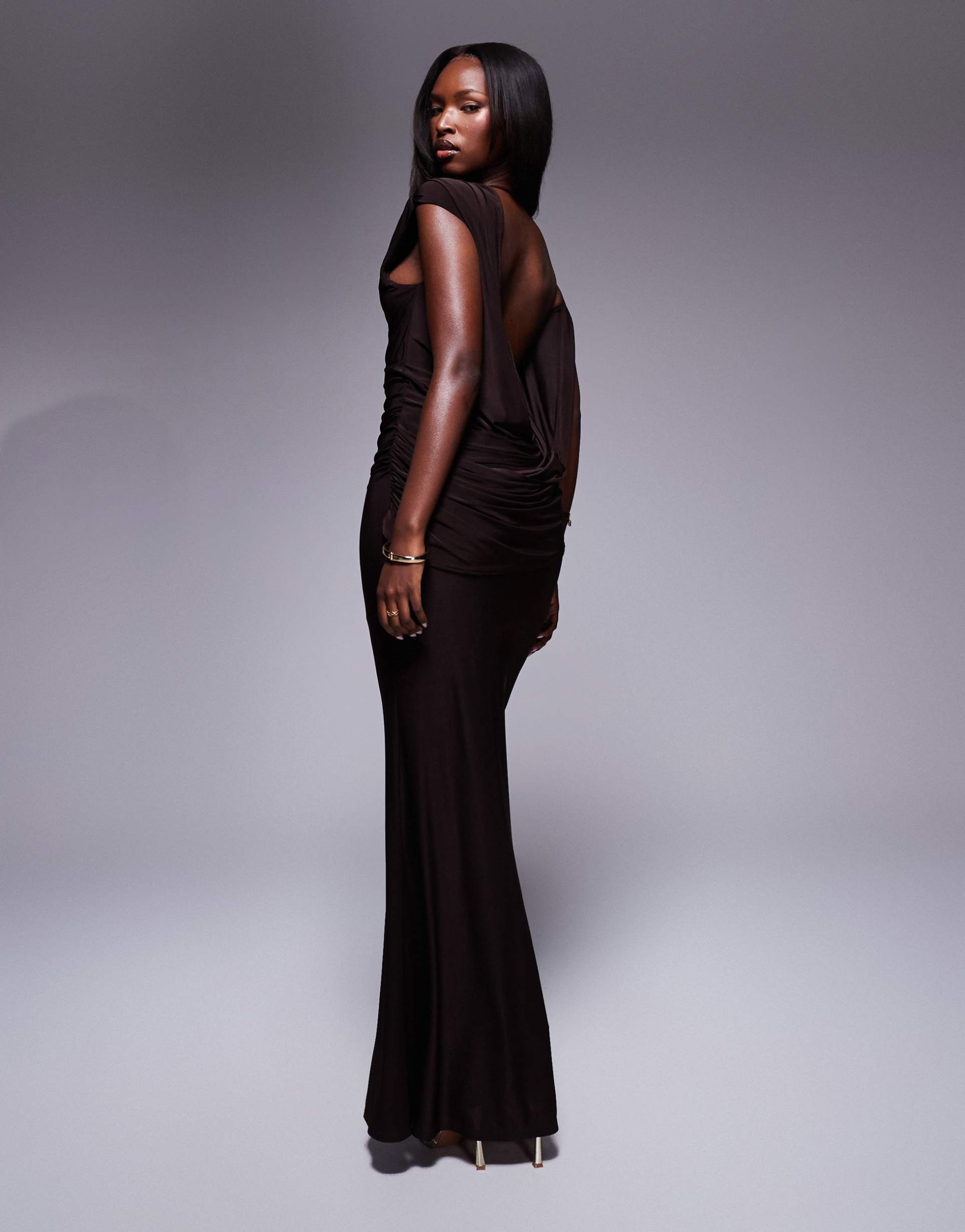 asos design off shoulder maxi dress with drape cowl back in chocolate
