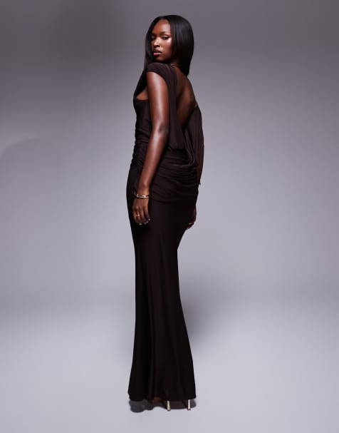 ASOS DESIGN off shoulder maxi dress with drape cowl back in chocolate