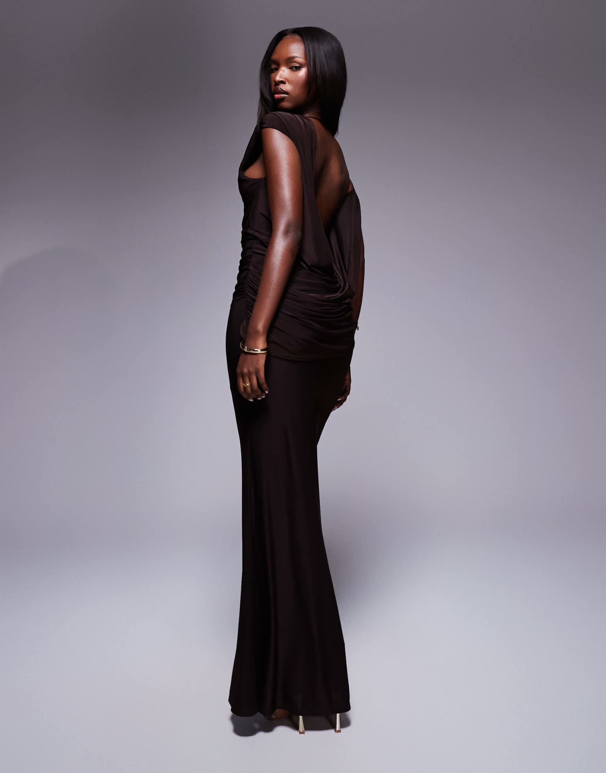 asos design off shoulder maxi dress with drape cowl back in chocolate