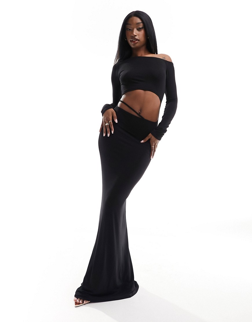ASOS DESIGN off shoulder maxi dress with front cut out in black