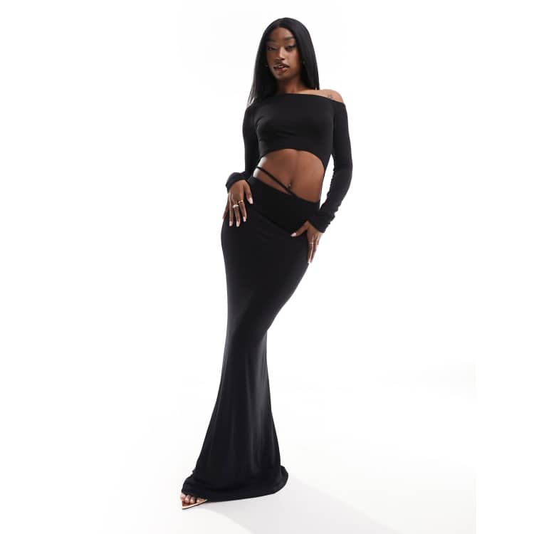 asos black cut out maxi dress ASOS DESIGN long sleeve twist shoulder cut out waist maxi dress in black