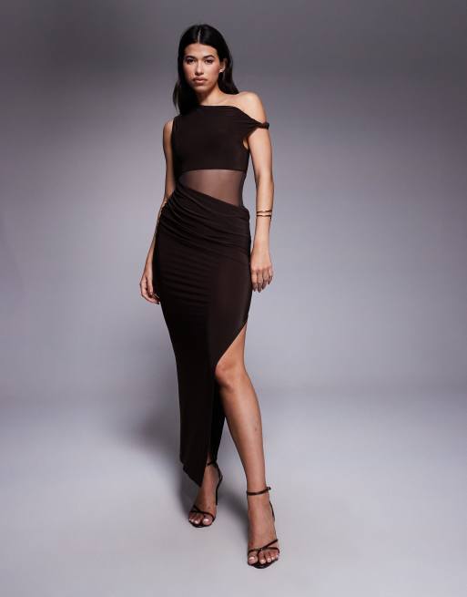 ASOS DESIGN off shoulder maxi dress with mesh insert in brown, 3 of 4
