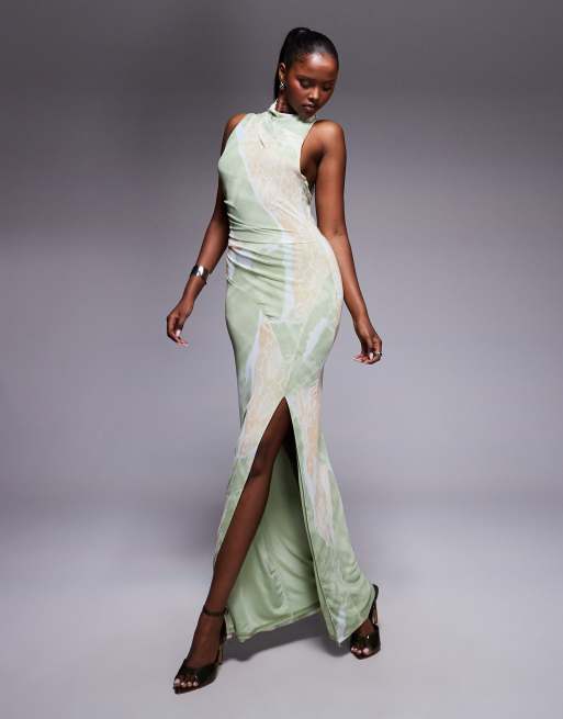 ASOS DESIGN off-shoulder maxi dress with mesh insert in print