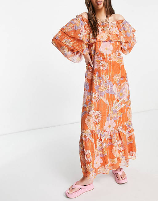 ASOS DESIGN off shoulder maxi dress with pephem in 70s bold floral print