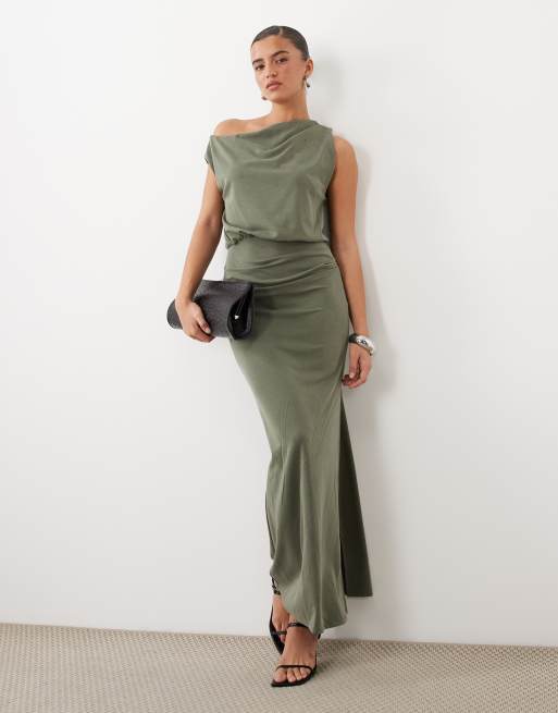 ASOS DESIGN off shoulder maxi dress with side split detail in khaki, 2 of 4