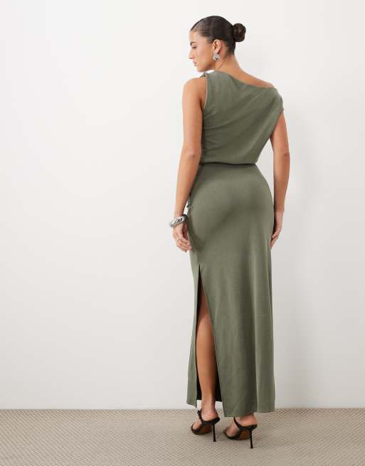ASOS DESIGN off shoulder maxi dress with side split detail in khaki, 4 of 4