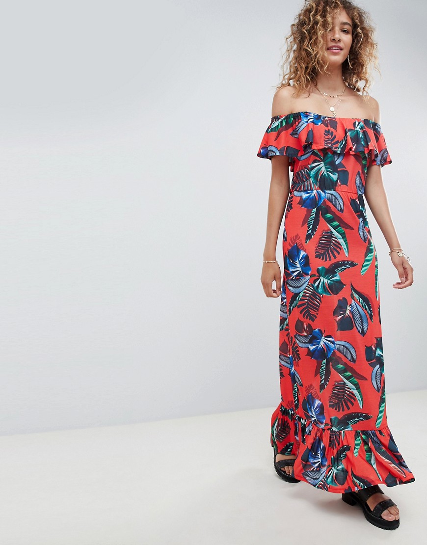 ASOS DESIGN off shoulder maxi sundress with tiered skirt in tropical print-Multi