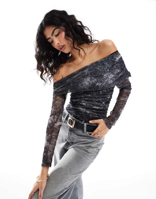 ASOS DESIGN off shoulder mesh bodysuit with in gray print