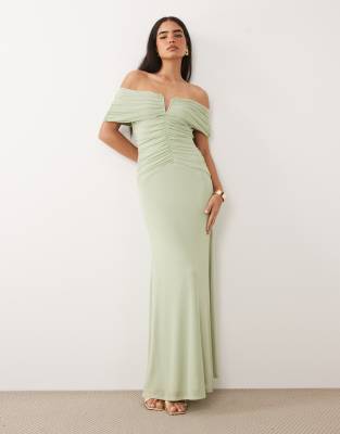 ASOS DESIGN off shoulder mesh cape maxi dress in sage green