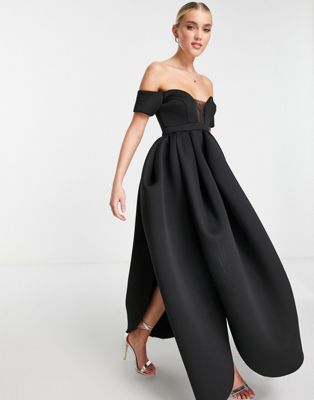 ASOS DESIGN off shoulder mesh insert cocoon maxi prom dress in black