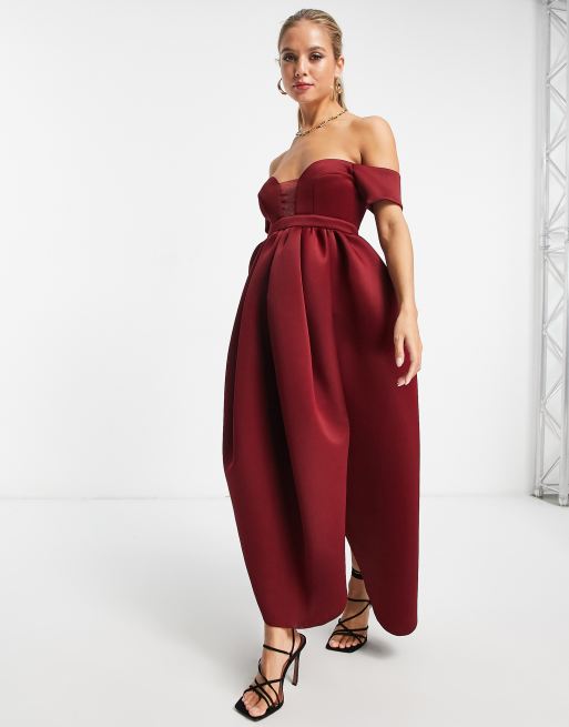 ASOS DESIGN off shoulder mesh insert cocoon maxi prom dress in wine