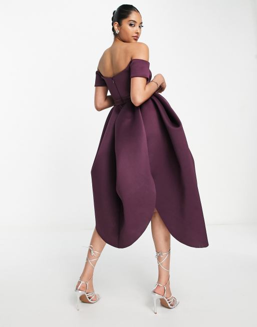 ASOS DESIGN off shoulder mesh insert cocoon midi prom dress in aubergine