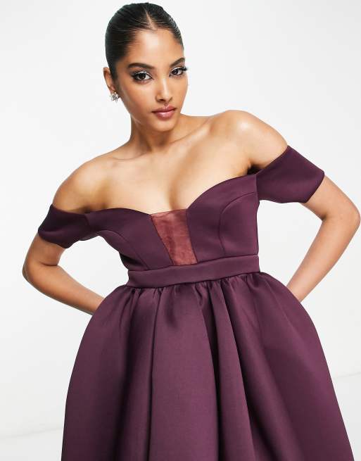 ASOS DESIGN off shoulder mesh insert cocoon midi prom dress in aubergine