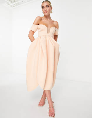 Asos Design Off Shoulder Mesh Insert Cocoon Midi Prom Dress In Blush-Pink