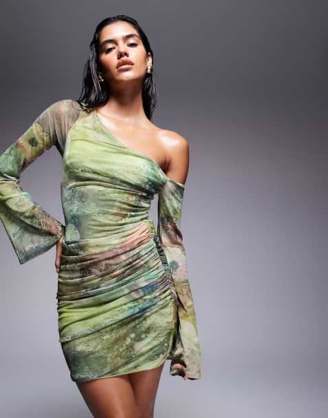 ASOS DESIGN off shoulder mesh mini dress with ruffle flute sleeve in abstract print - view 1