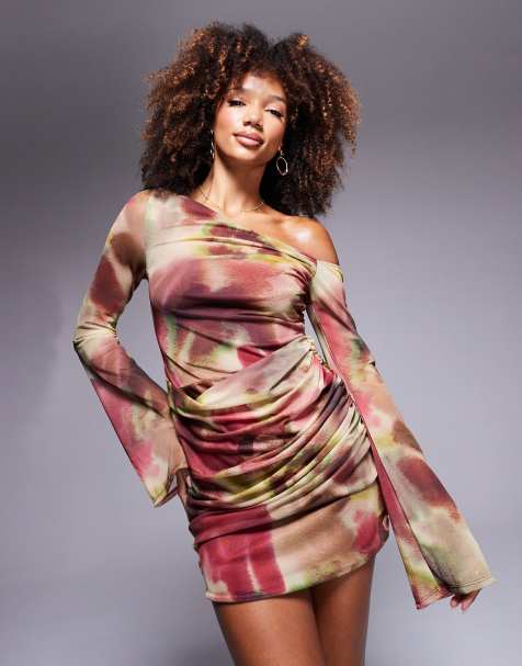 ASOS DESIGN off shoulder mesh mini dress with ruffle flute sleeve in blurred pink print - view 1