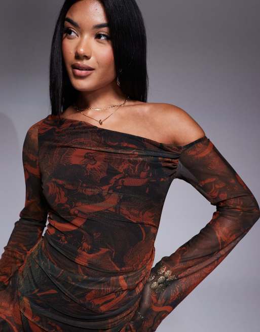 ASOS DESIGN off shoulder mesh mini dress with ruffle flute sleeve in brown abstract print, 4 of 4