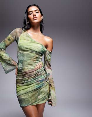 off-shoulder mesh mini dress with ruffle fluted sleeves in abstract print-Multi