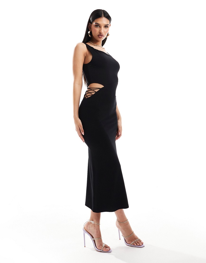 ASOS DESIGN off shoulder midi dress with lattice cut out side in black
