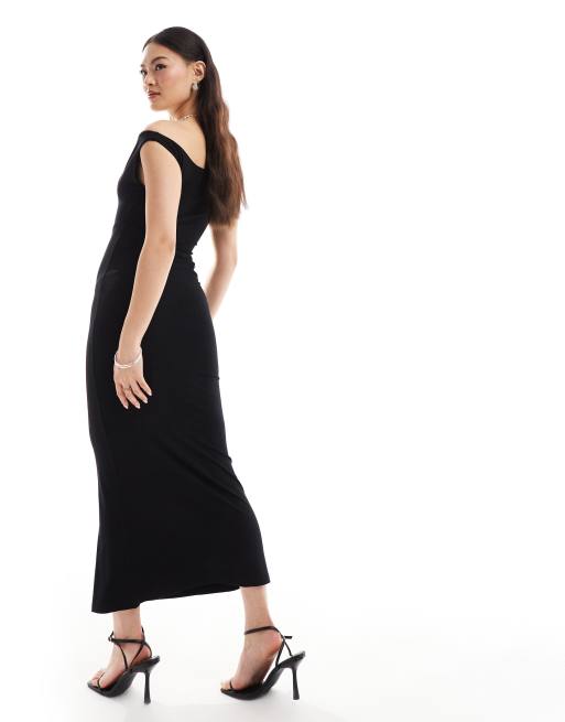 ASOS DESIGN off shoulder midi dress with lattice cut out side in black, 4 of 4