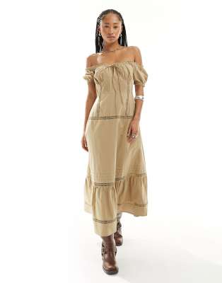 Asos Design Off-shoulder Midi Dress With Pintucks & Crochet Trims In Washed Khaki-green