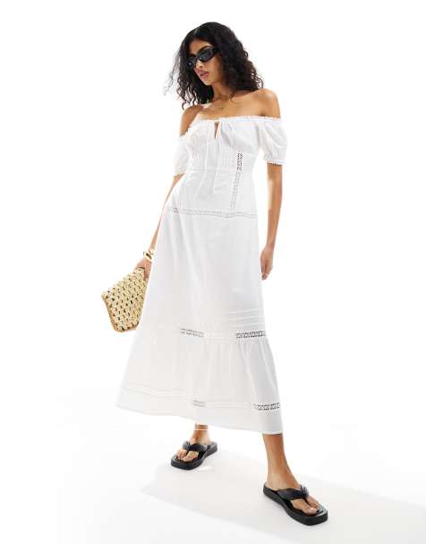 ASOS DESIGN off shoulder midi dress with pintucks & crochet trims in white - view 1