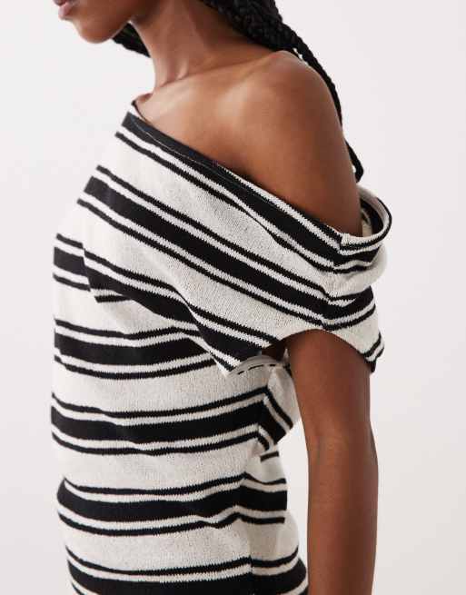 ASOS DESIGN off shoulder midi dress with pleat in navy stripe, 2 of 4