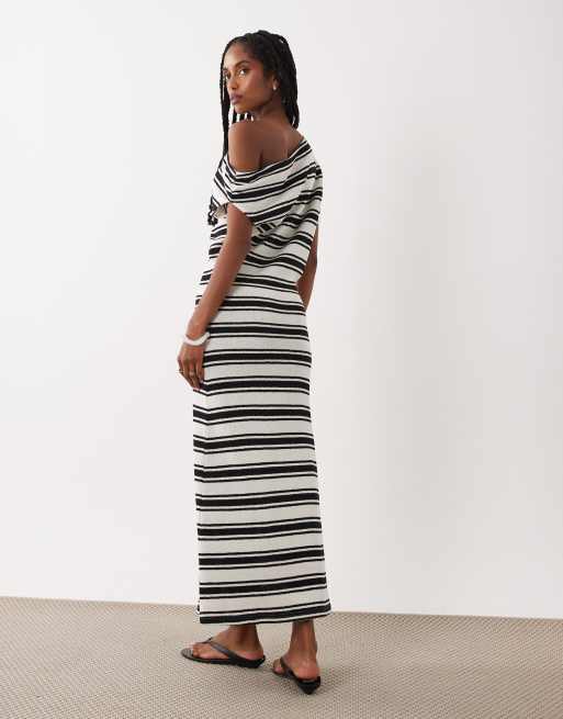ASOS DESIGN off shoulder midi dress with pleat in navy stripe, 4 of 4