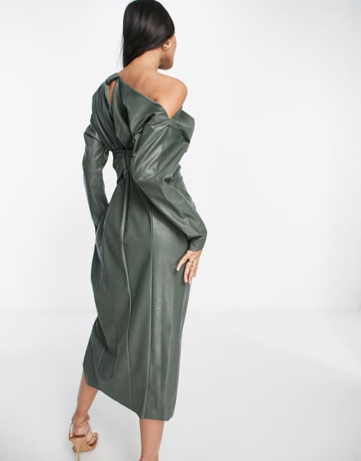 slim fit dress slacks ASOS DESIGN Bare Shoulder Prom Scuba Midi Dress In Forest Green