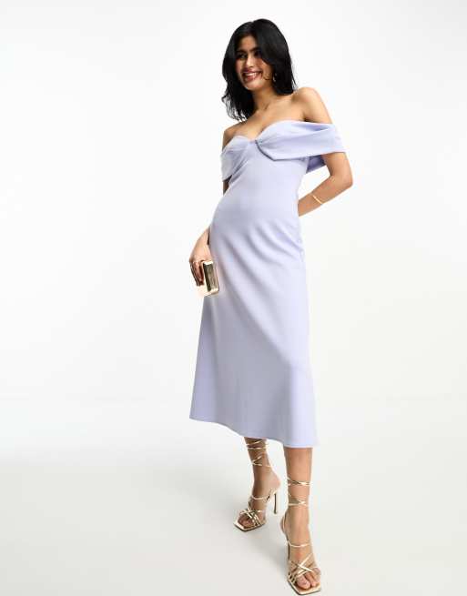 ASOS DESIGN off shoulder grecian drape midi dress in dusky blue