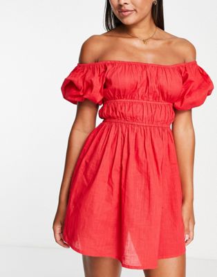 ASOS DESIGN off shoulder milkmaid mini beach dress in red